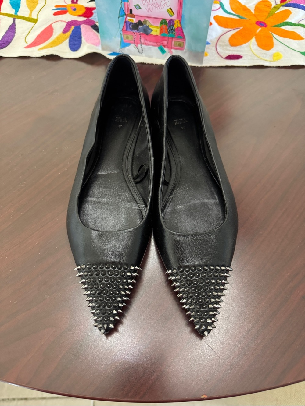 Zara Black Pointed-Toe Studded Flats